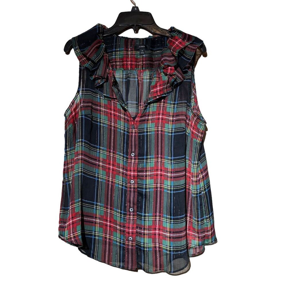 J. Crew Women's Sleeveless Ruffle Collar Plaid Button Down Blouse Size M - Picture 2 of 5